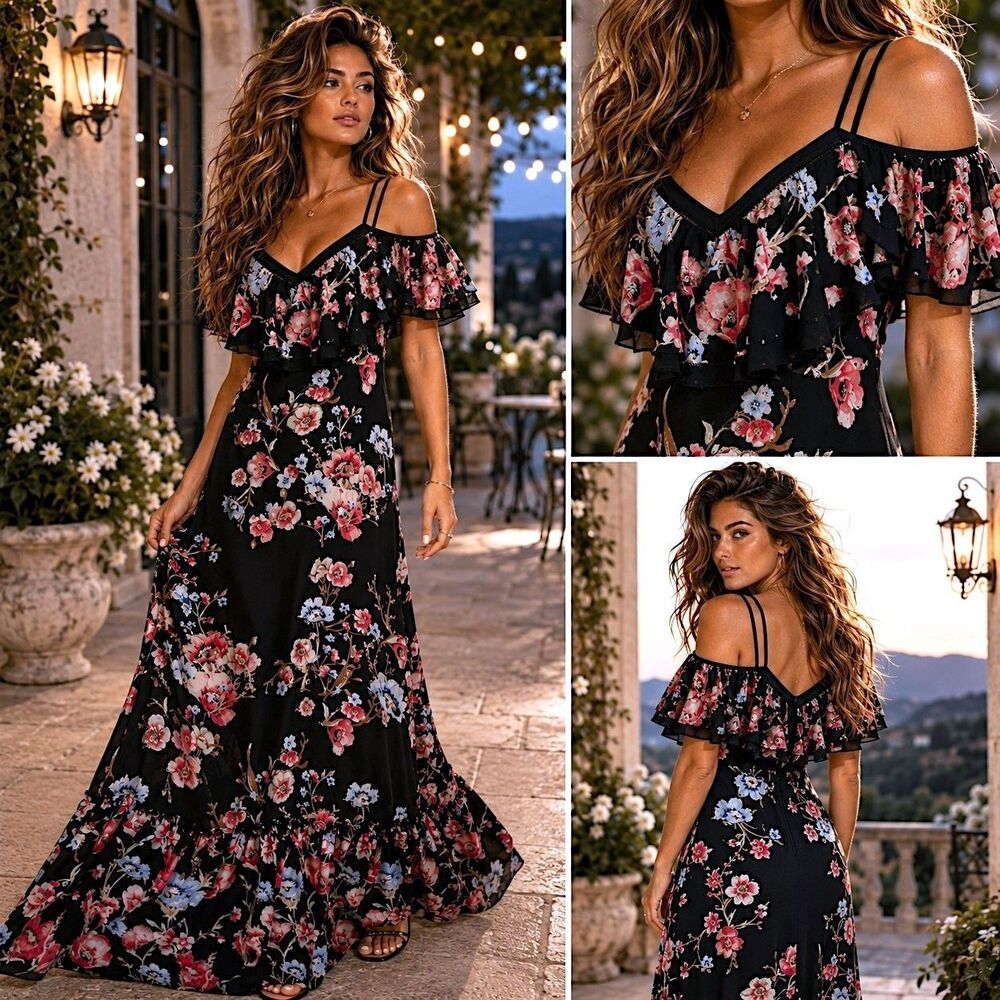 White House Black Market 0 Romantic Maxi Dress Floral Off Shoulder Ruffle Boho